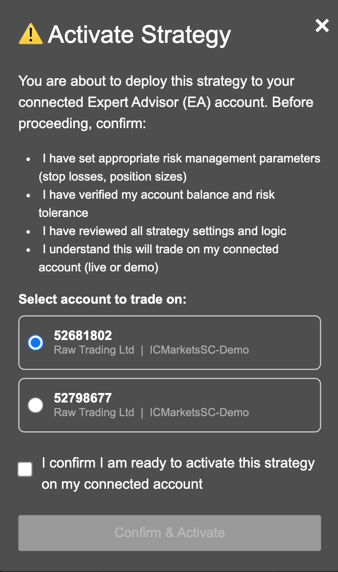 Activate Strategy popup showing risk confirmation checklist, account selector, and Confirm &amp; Activate button