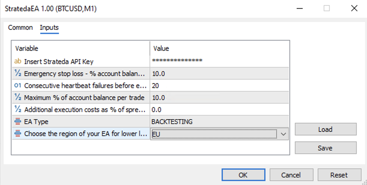 MT5 Expert Advisors panel showing Strateda EA attached to chart with connection status and configuration dialog