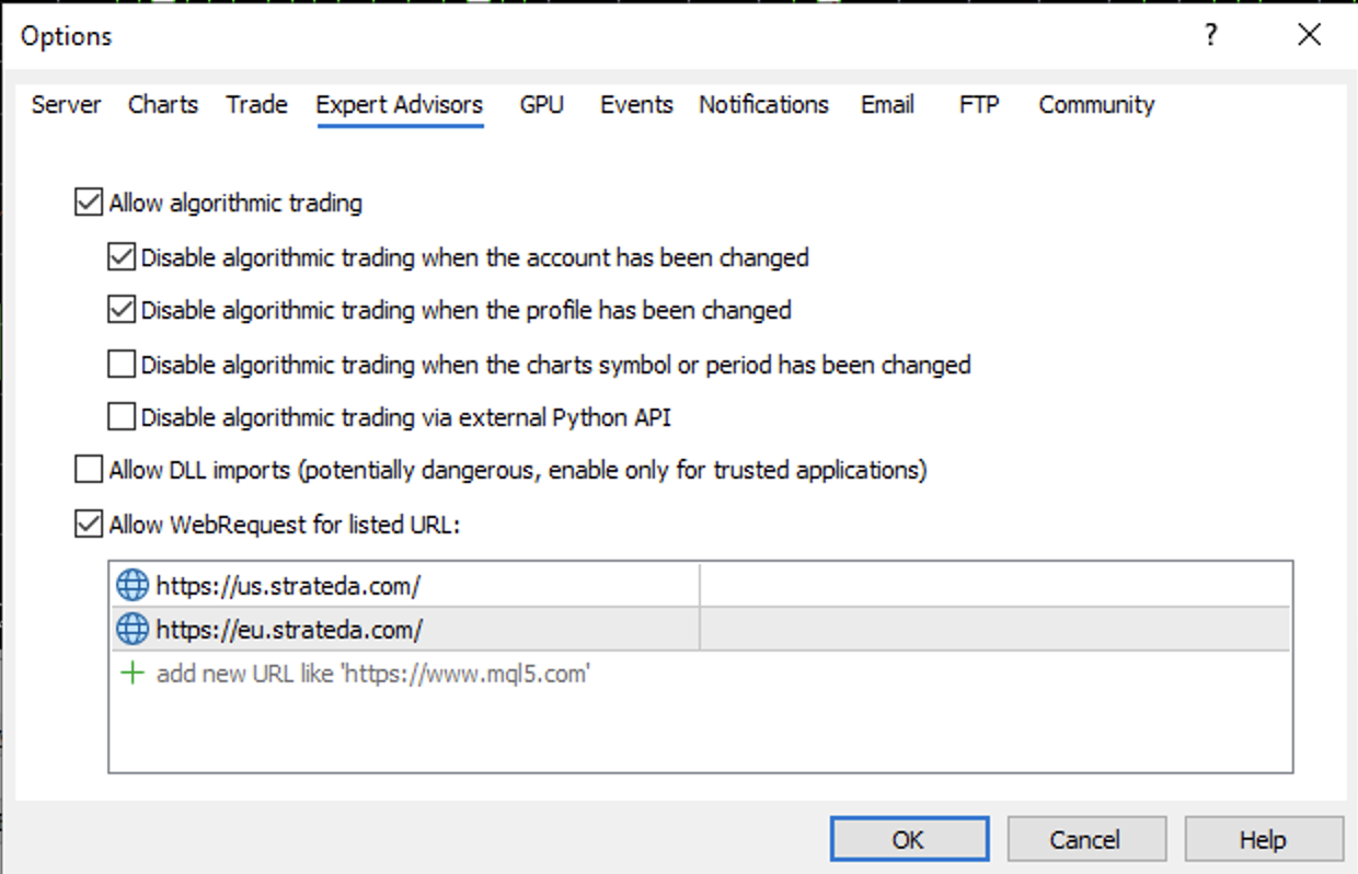 MT5 Tools Options Expert Advisors tab showing algorithmic trading and WebRequest URL configuration