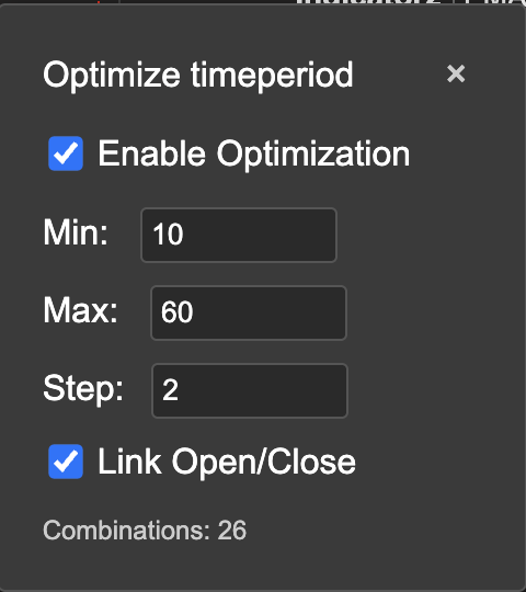 Slow EMA optimization range setup showing min 10, max 60, step 2