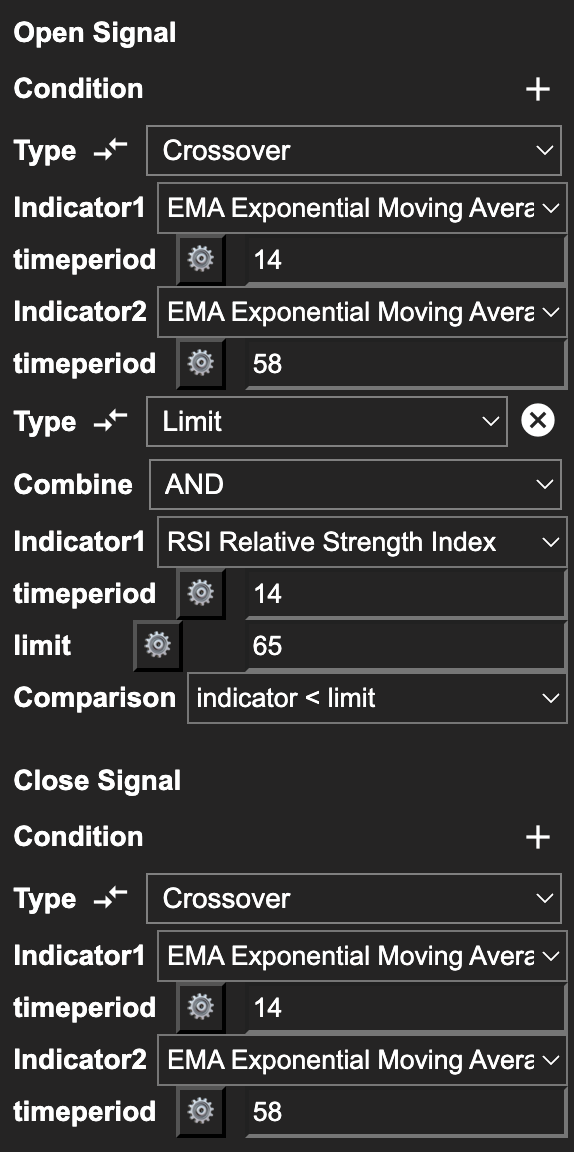 Strategy Builder showing EMA crossover with RSI(14) filter added as AND condition