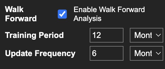 WFO configuration panel showing Walk Forward enabled, Training Period 12 months, Update Frequency 6 months